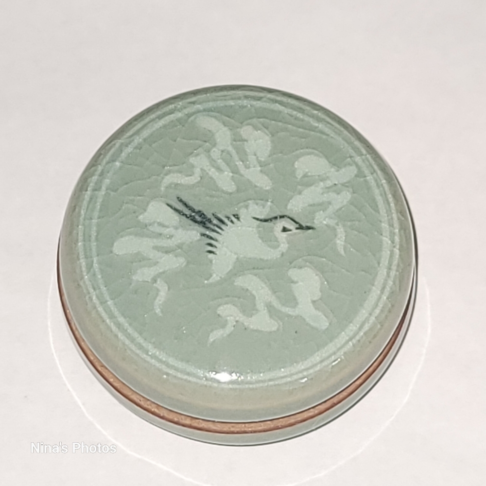 VTG Green Celadon Miniature Jar Flying Crane Lid LiddedPaste Dish Signed Asian